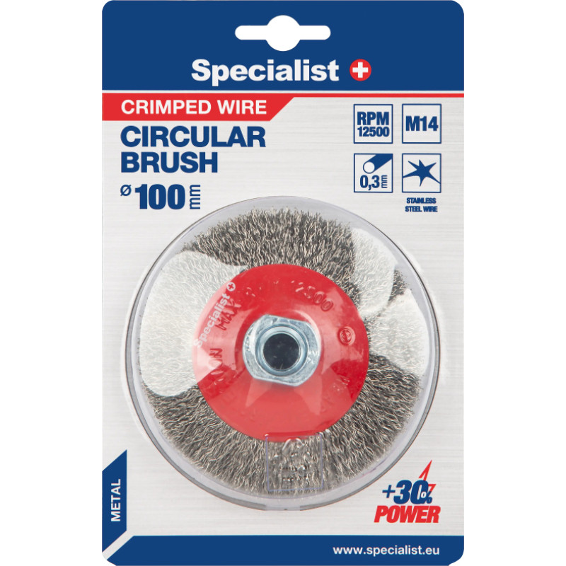 Specialist+ Nerūdijančio plieno vielos šepetys 100 mm. M14, SPECIALIST +