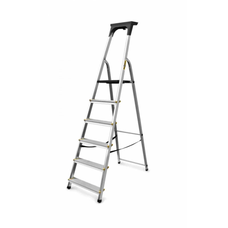 Drabest PRO alumīnija kāpnes ar plauktu, 6 pakāpieni, 150 kg