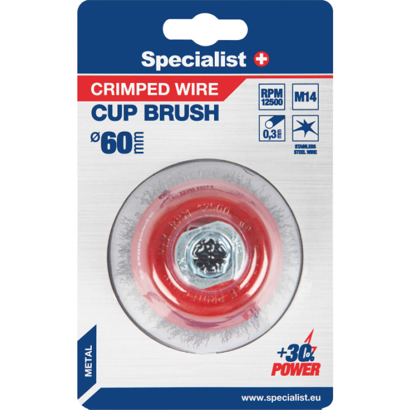 Specialist+ Nerūdijančio plieno suktos vielos šepetys 90 mm. M14, SPECIALIST +