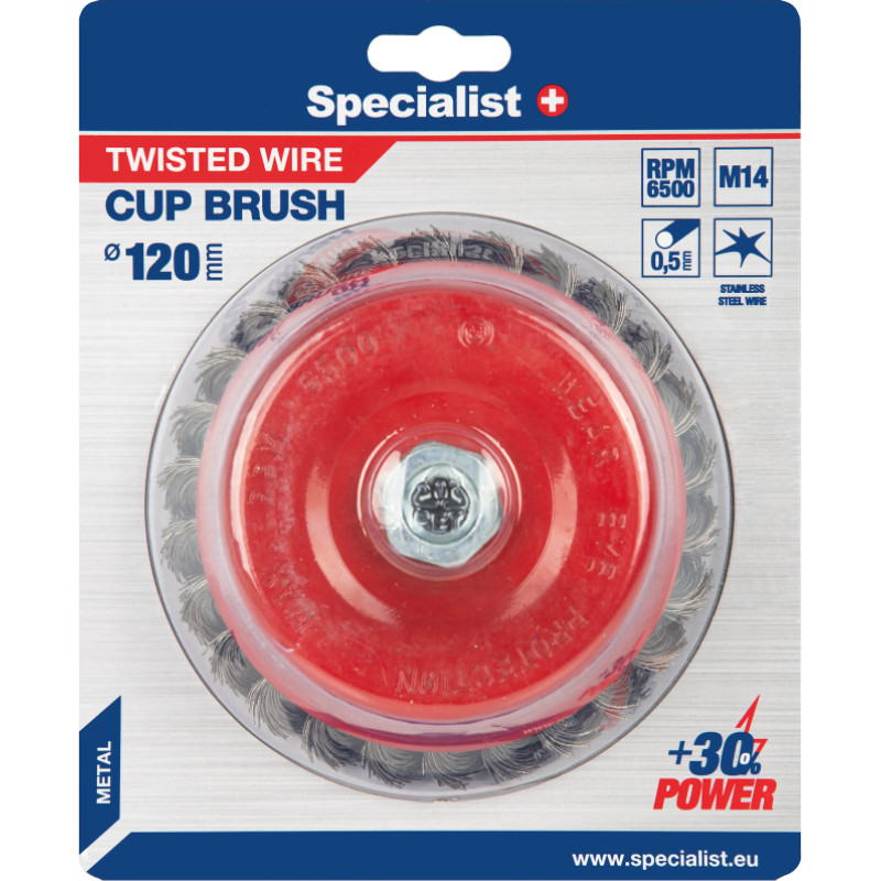 Specialist+ Nerūdijančio plieno suktos vielos šepetys 120 mm. M14, SPECIALIST +