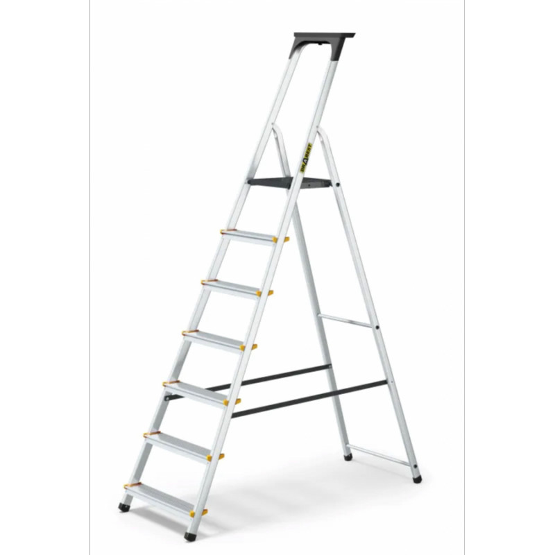 Drabest Sadzīves kāpnes DRABEST ALD7 PRO 150 kg, vienpusējas ar plauktu, 7 pakāpieni (DR-AL-D7-PRO-Ż+CZ+P )