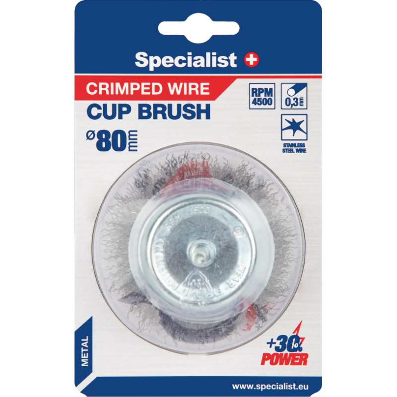Specialist+ Vielinė šlifavimo taurė, tiesios vielos, su koteliu 80 mm.  SPECIALIST +