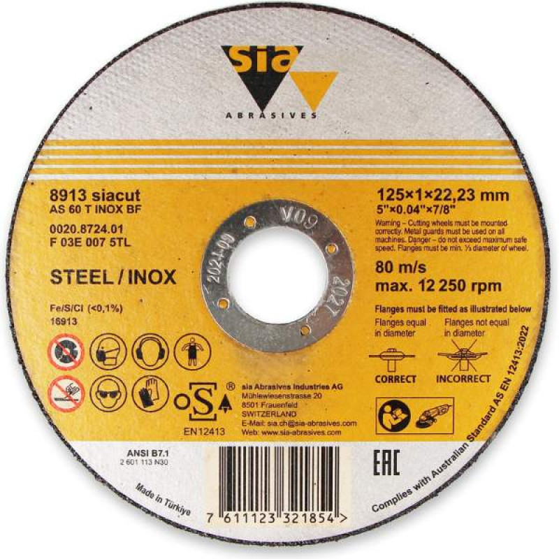 8913 siacut griezējdisks 125x1,0x22,2 Inox/stainless steel